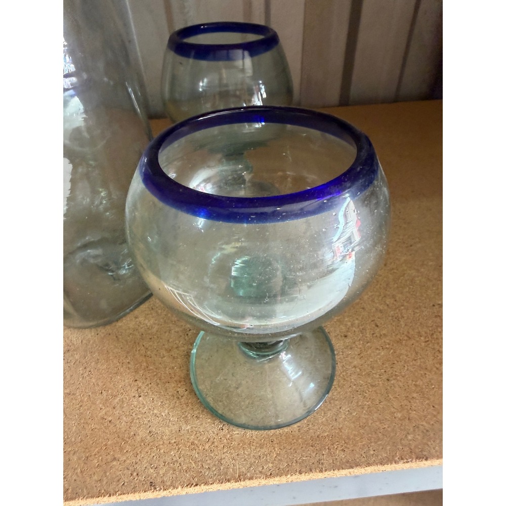 Mexican Hand Blown Glass Set 5pc Cobalt Blue Rim Pitcher and 4 Margarita Glasses - Picture 2 of 9